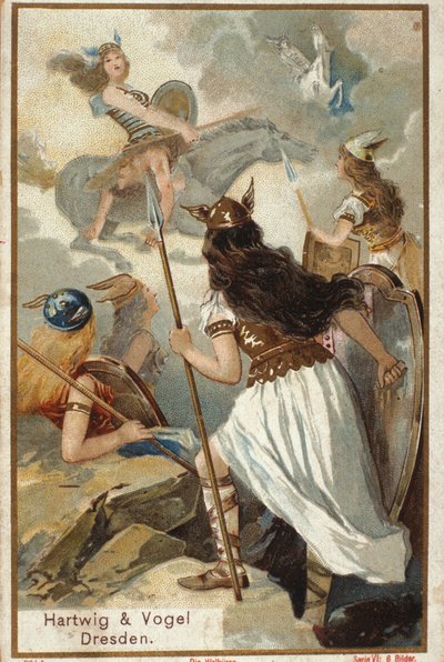 Nordisk mytologi: Walkyrierna (jungfrukrigare) i Valholl (eller Walhalla, Valhalla, Valhalle: plats dit tappra krigare förs) och krigares fall i strid. kromolitografi från 1800-talet av Unknown artist