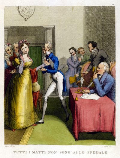 "Alla dårar är inte på sjukhuset." Illustration från en samling ordspråk från 1700-talet av Unknown artist