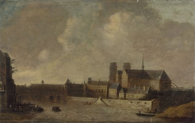 Notre-Dame och ärkebiskopspalatset, sett från Quai de la Tournelle, ca 1640, nuvarande 4:e arrondissementet, mellan 1635 och 1645 (olja på trä) av Unknown artist