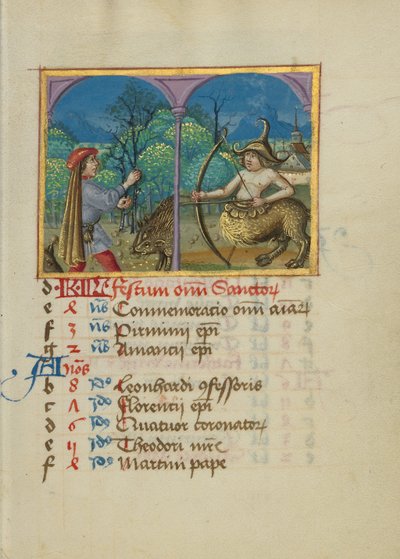 Kalendersida för november; Samla ekollon till grisar; Skytten av Unknown artist