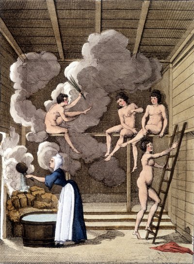Nakna karaktärer i en filandansk bastu. Gravyr från 1811 innehåller en bok om resan. av Unknown artist