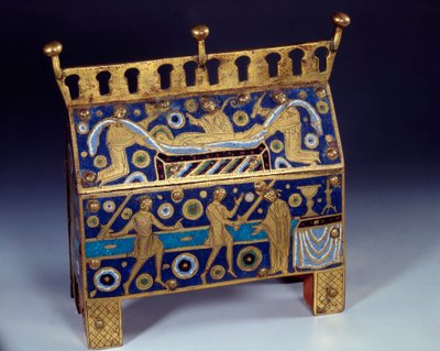 Konstföremål: Emaljjakt, guld och koppar av Saint Thomas Becket (1118-1170), ärkebiskop av Canterbury. Den är dekorerad för representationer av mordet på arkeveken den 29/12/1170 i Cathedrale of Cantorbery och dess begravning. 1220 ca. av Unknown artist