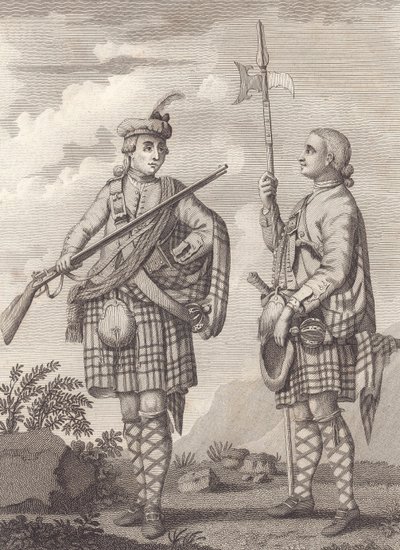 Officer (vänster) och sergeant för 42nd Highlanders—the Black Watch—ca 1750 (gravyr) av Unknown artist