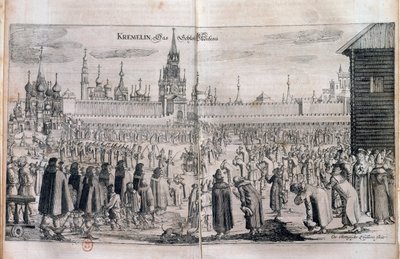 Officiell ceremoni med parad i Kreml i Moskva. Gravyr av 1600-talet. ryska biblioteket av Unknown artist