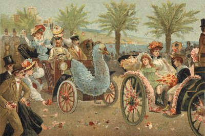 Gammal sed som firas i grevskapet Nice: den blommiga corso i Nice. Kromolitografi från slutet av 1800-talet. av Unknown artist