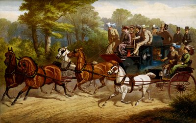 På väg till derbyt. Fiacre och omnibus som dras av hästar som går på derby av Unknown artist