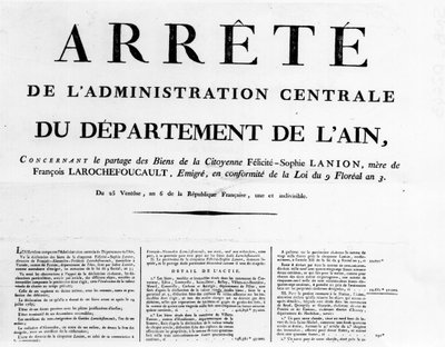 Ordning av den centrala administrationen av departementet Ain - Rochefoucauld Family Archives. av Unknown artist