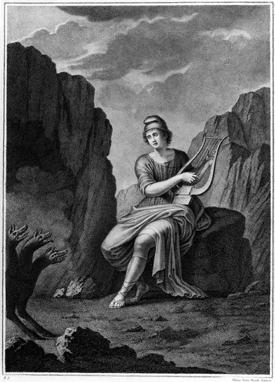 Orfeus vid ingången till underjorden möter Cerberus. Litografi. 1800-talet av Unknown artist