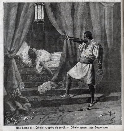 Othello dödade precis Desdemona i hans säng. Scen för operan "" Othello"" av Giuseppe Verdi (1813-1901) Gravyr i "" Le Parisien"" av Unknown artist