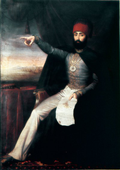 Osmanska riket: Porträtt av Sultan Mahmud II (1784-1839)”” Det är representativt att peka finger kan vara för att indikera ordern att slakta janitsjarorden. Anonym oljemålning. 1808-1839 Istanbul, Topkapi Sarayi-museet, Turkiet av Unknown artist