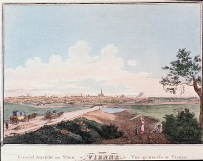 Översikt över staden Wien med bro över Donau. Österrike Gravyr från 1830 privat samling av Unknown artist