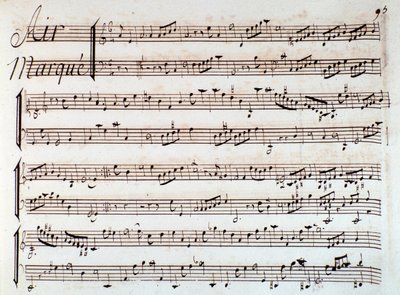 Sida med partitur av Castor et Pollux, lyrisk tragedi av Rameau (1737) av Unknown artist