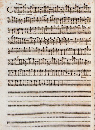 Sida med partitur av "" Concerti a cinque, Op. 5”” av Tomaso Albinoni av Unknown artist
