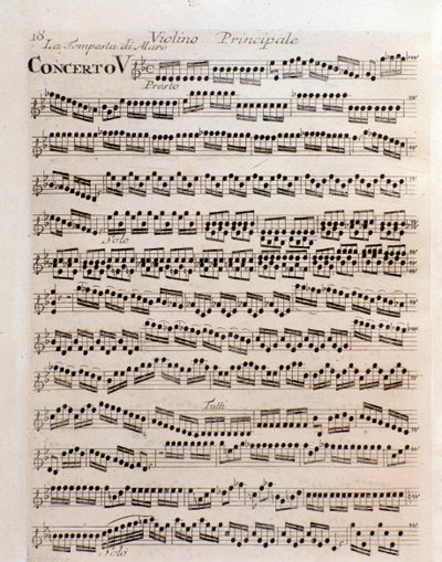 Sida med partitur av violin i konsert V i The trial of harmony and uppfinning av Antonio Vivaldi av Unknown artist