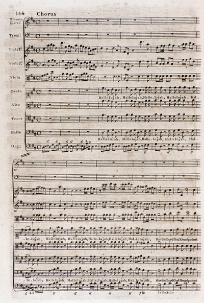 Sida med partituren för refrängen "" Hallelujah"" i "The messiah"" (The messiah) av den naturaliserade engelske tyske kompositören George Frederick Handel (Georg Friedrich Handel) av Unknown artist