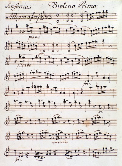 Sida av noterna för första fiolen i symfoni nr. 4 i D, av Mozart (1765) av Unknown artist