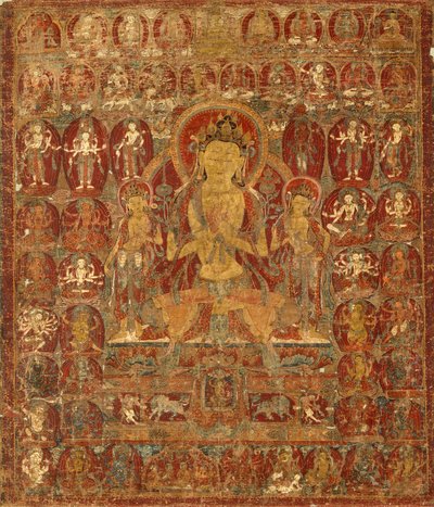 Målad fana (Thangka) av Bodhisattva Manjushri med Vajrapani (höger) och Padmapani (vänster) av Unknown artist