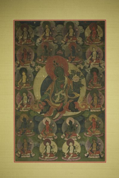 Målad banderoll (Thangka) av Gröna Tara omgiven av tjugo manifestationer av Unknown artist