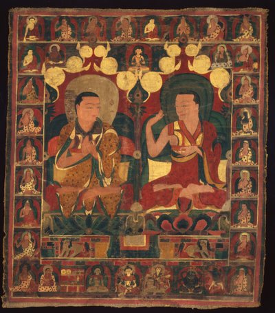 Målad banderoll (Thangka) av linjemålning av två lamor i debatt av Unknown artist