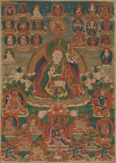 Målad banderoll (Thangka) av den vise gurun Padmasambhava sittande med en åskvigg (Vajra) och en skallbägare (Kapala) av Unknown artist