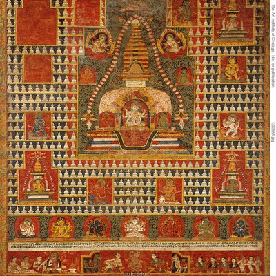 Målad banderoll (paubha) av gudinnan Ushnishavijaya i en gravhög (chaitya) och omgiven av chaityas av Unknown artist