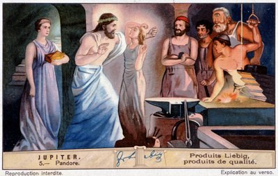 Pandora, den första kvinnan, skapad på beställning av Jupiter - Liebig-kromolitografi av Unknown artist