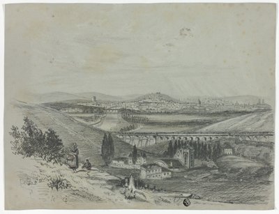 Panoramautsikt över en järnvägsbro och en stad av Unknown artist