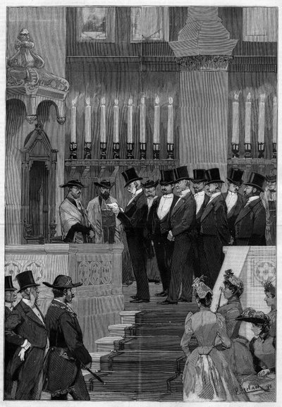 Paris 1890: Installation av Zadoc Kahn (Zadoc-Kahn) (1839-1905) stor rabbin i Frankrike. Monsieur Alphonse de Rothschild (1827 -1905) läser nomineringsordningen. av Unknown artist