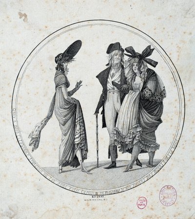 Parisiskt mode: "" Fantastiskt och underbart"" Gravyr från 1795 Paris, Musee Carnavalet av Unknown artist