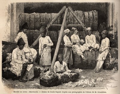 Parsi-handlare och köpmän på Bombays bomullsmarknad. Gravyr för att illustrera resan i Indiens meridionalprovinser, av Alfred Grandidier, 1862-1864, publicerad i "" Le tour du monde""" 1869, redigerad av Edouard Charton, upplaga Hachette, Par av Unknown artist