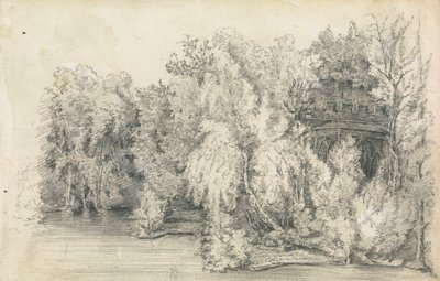 Del av en byggnad omgiven av en skog av Unknown artist