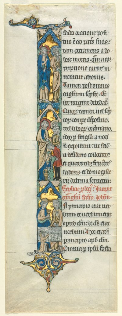 Delblad från en latinsk bibel: Inledande I[n principio] med äktenskapet i Kana av Unknown artist