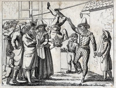 Fest i byn: spel och förklädnader. Gravyr sent 1700-tal. Privat samling. av Unknown artist