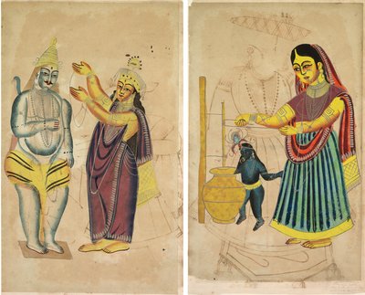 Parvati Placera en bröllopsgirland på Shiva (recto); Yasoda kärnande smör (verso) av Unknown artist