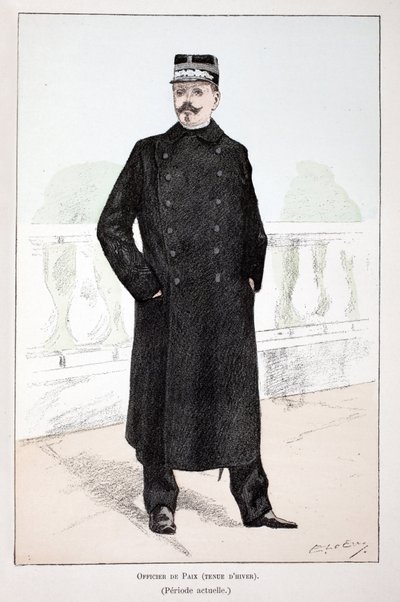 Fredsofficer, vinterklänning (Lepineperioden). Etsning i färger, för illustration "History of the Corps of Peacekeepers""" bok publicerad under beskydd av Louis Lepine (1846-1933), prefekt för polisen på Seine, av Alfred Rey (1864-?) och Lou av Unknown artist