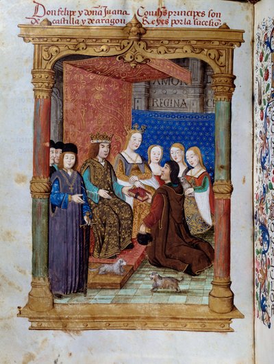 Pedro Marcuello presenterar sin bok för kung Filip I av Hasburg känd som den vackra (1478-1506) och drottning Joan Iere the Folle av Kastilien (1504-1555). Miniatyr i "" Andakt av drottningen Da Juana som de kallade galningen"" av Pedro Marcuello av Unknown artist