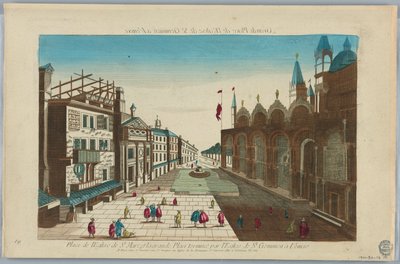 Peep-show, torget i Markuskyrkan och det stora torget som avslutas av kyrkan St. Geminian i Venedig av Unknown artist