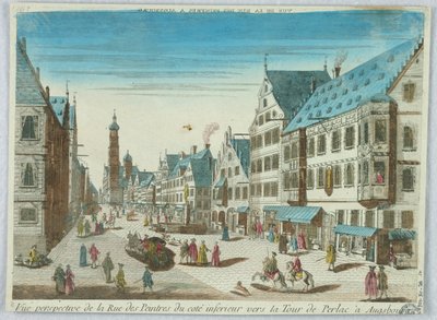 Peep-show, perspektivvy av målargatan från den nedre kusten mot Perlac-tornet i Augsburg av Unknown artist