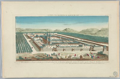 Peep-show, utsikt över staden Richelieu i Poitou byggd av storkardinalhertigen av Richelieu, i slutet av Parteres de Sougid och Superb Chateau de Richelieu de la Conduitte, nr 147 av Unknown artist