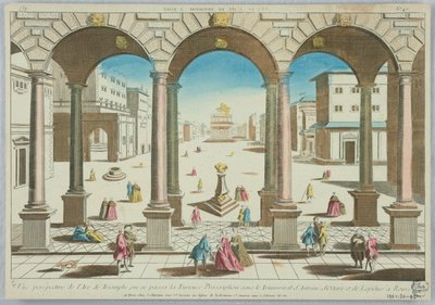 Peep-show, Perspektivvy av Triumfbågen, där det rasande förbudet hände under Antonius, Octave och Lepidus triumvirat i Rom, nr 45 av Unknown artist