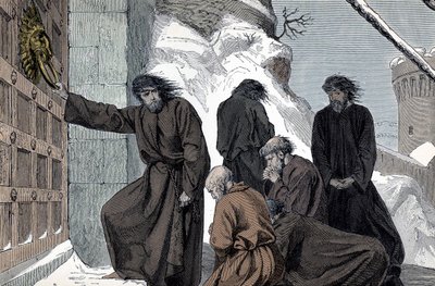 Henrik IV av Tysklands botgöring i Canossa - Den tyske kejsaren Henrik IV (1050 - 1106) a Canossa (den heliga romerske kejsaren Henrik IV:s botgöring, Canossa, Italien, januari 1077. Henrik står barfota i snön, iklädd en hårskjorta , för att övertyga P av Unknown artist