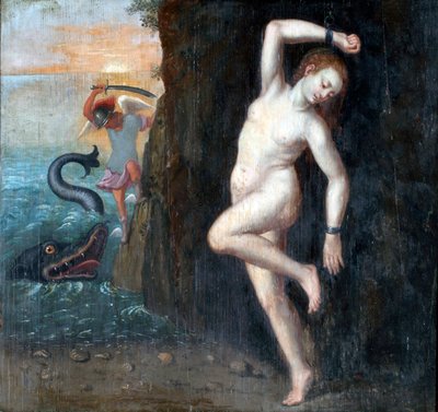Persee et Andromede - Perseus och Andromeda par Anonymous, ca. 1600 - Olja på trä, 62x65,4 - Ptuj Ormo_ Regional Museum av Unknown artist