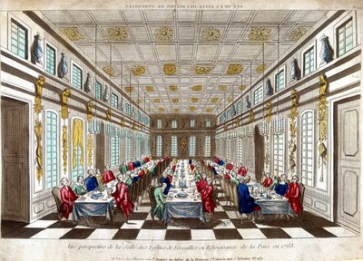 Perspektivvy av Salle des Festins de Versailles för att fira fred 1763 mellan Storbritannien, Frankrike och Spanien. av Unknown artist