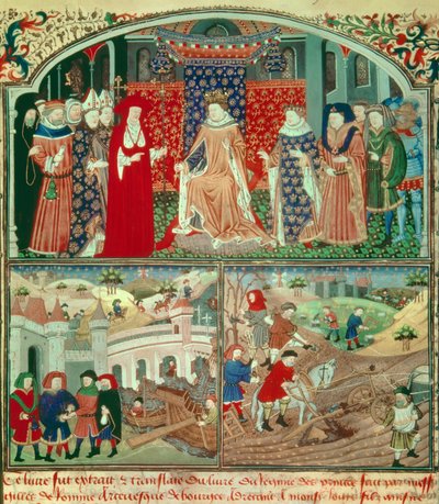 Philippe the Bel trunant (1268-1314) med plöjningsscen och handelsplats. Miniatyr i "" Livre du régime des princes"" av Gilles de Rome (v.1247-1316), Paris, B N av Unknown artist