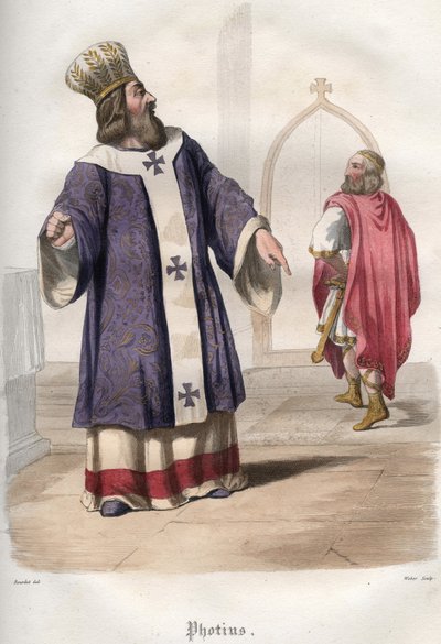 Photios I (Photius, Fotios) (810-893), patriark av Konstantinopel, utvisade den bysantinske kejsaren Basil I den makedonska (813-886) från kyrkan efter mordet på kejsar Mikael III 867. av Unknown artist
