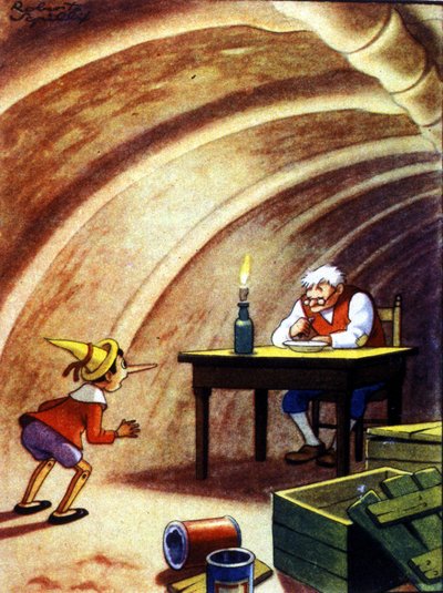 Pinocchio hittar sin far i en stor fisks bukgrotta. Illustration av Carlo Collodis berättelse. av Unknown artist