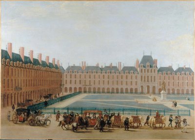 Place Royale, ca 1660; passage av kungens vagn. Nuvarande Place des Vosges, 4:e arrondissementet, ca 1655 -1665 (olja på duk) av Unknown artist