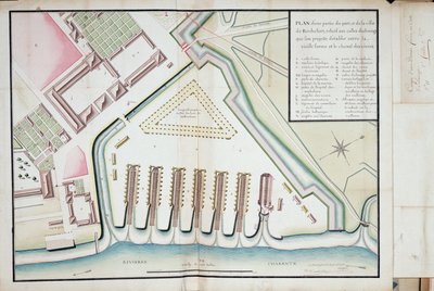 Plan över en del av hamnen och staden Rochefort som hänför sig till de föreslagna strandningsspåren mellan den gamla formen och matkanalen av Unknown artist