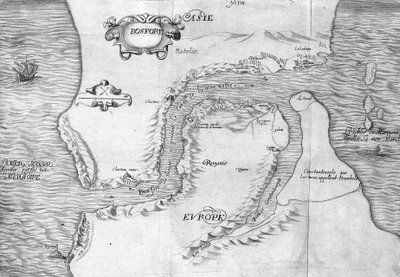 Plan som visar Konstantinopelsundet (nu Bosporensundet (Bosporos) - i "" Voyage de levant gjord av kungens befallning år 1621", redigerad 1629 (under Ludvig XIII Le Justes regering) av Unknown artist