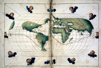 Planisphere (eller världskarta). Geografiskt diagram från Atlas of Battista Agnese (1500-1564), cirka 1543. Paris, B.N. av Unknown artist